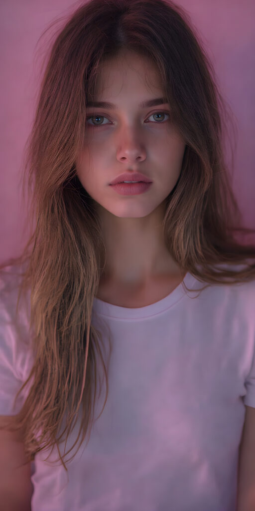 a (((gorgeous young brunette girl))), with (extremely long, soft wavy hair) that flows down in a (natural, silky cascade), and (pale skin) that gives off an ethereal glow, accompanied by (full, defined lips) painted in a (soft, natural hue) that complement the girl's features. She wears a (short, white t-shirt) that covers her front, paired with (realistic, flesh-toned legs) that match the girl's height, showcasing a (natural, healthy glow) for a truly (professional, high-quality photograph) that captures the essence of a (beautiful, young adult model)