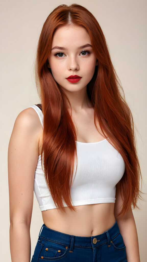 a (((gorgeous young teen model girl))), age 15, with (((copper-red straight very long soft hair))), featuring (((dark red lips))), and a (((small flawless face))), with (((big round cheeks))), and a (((dreamlike beauty mark))), she wears a ((sleek and tight crop top)) and short jeans pants