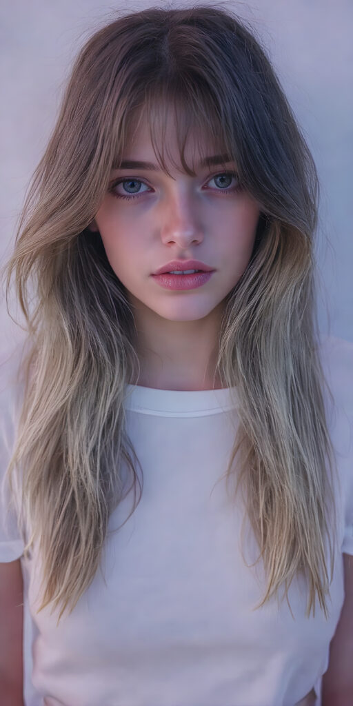 a (((gorgeous young brunette girl))), with (extremely long, soft wavy hair) that flows down in a (natural, silky cascade), and (pale skin) that gives off an ethereal glow, accompanied by (full, defined lips) painted in a (soft, natural hue) that complement the girl's features. She wears a (short, white t-shirt) that covers her front, paired with (realistic, flesh-toned legs) that match the girl's height, showcasing a (natural, healthy glow) for a truly (professional, high-quality photograph) that captures the essence of a (beautiful, young adult model)