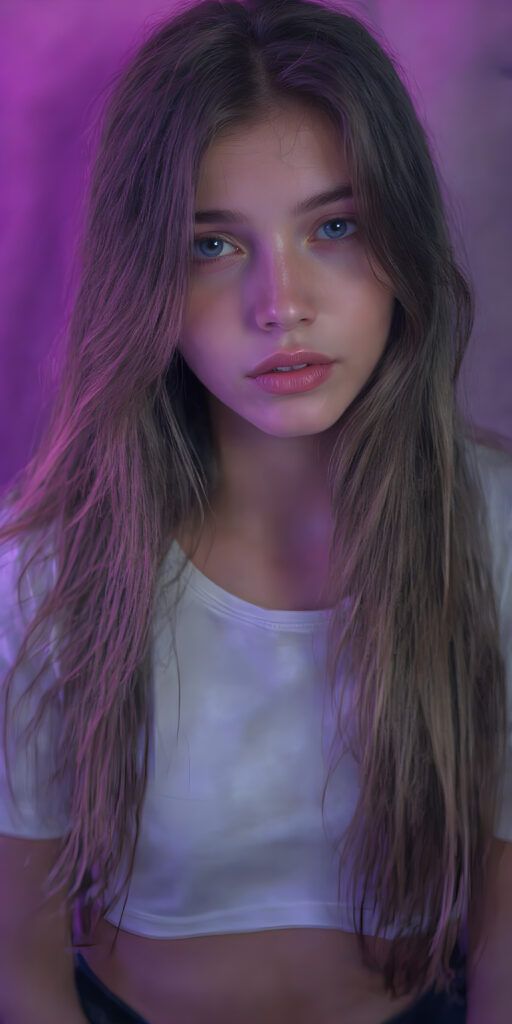 a (((gorgeous young brunette girl))), with (extremely long, soft wavy hair) that flows down in a (natural, silky cascade), and (pale skin) that gives off an ethereal glow, accompanied by (full, defined lips) painted in a (soft, natural hue) that complement the girl's features. She wears a (short, white t-shirt) that covers her front, paired with (realistic, flesh-toned legs) that match the girl's height, showcasing a (natural, healthy glow) for a truly (professional, high-quality photograph) that captures the essence of a (beautiful, young adult model)