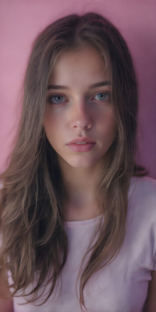 a (((gorgeous young brunette girl))), with (extremely long, soft wavy hair) that flows down in a (natural, silky cascade), and (pale skin) that gives off an ethereal glow, accompanied by (full, defined lips) painted in a (soft, natural hue) that complement the girl's features. She wears a (short, white t-shirt) that covers her front, paired with (realistic, flesh-toned legs) that match the girl's height, showcasing a (natural, healthy glow) for a truly (professional, high-quality photograph) that captures the essence of a (beautiful, young adult model)