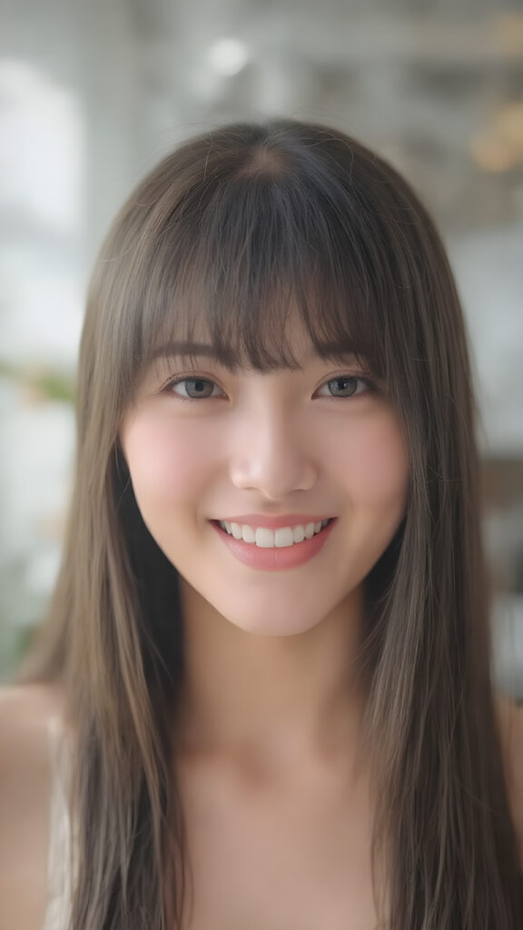 a (((gorgeously straight, sleek and shiny, white teeth shining brightly)), in a (((brightly detailed and high quality light and shadow photography))), featuring a (((beautiful young Korean girl))) with (((straight jet soft very long black hair, bangs cut))), her (((skin is beautifully toned and complements her look))), with (((soft, diffused lighting))) that brings out her (((best features))), including (((perfect white balance))) and (((dynamic depth of field))), as if captured by a (((professional studio photography team))), (((dressed in a sleek fine cropped tank top, perfect curved body, deep v-neck)))