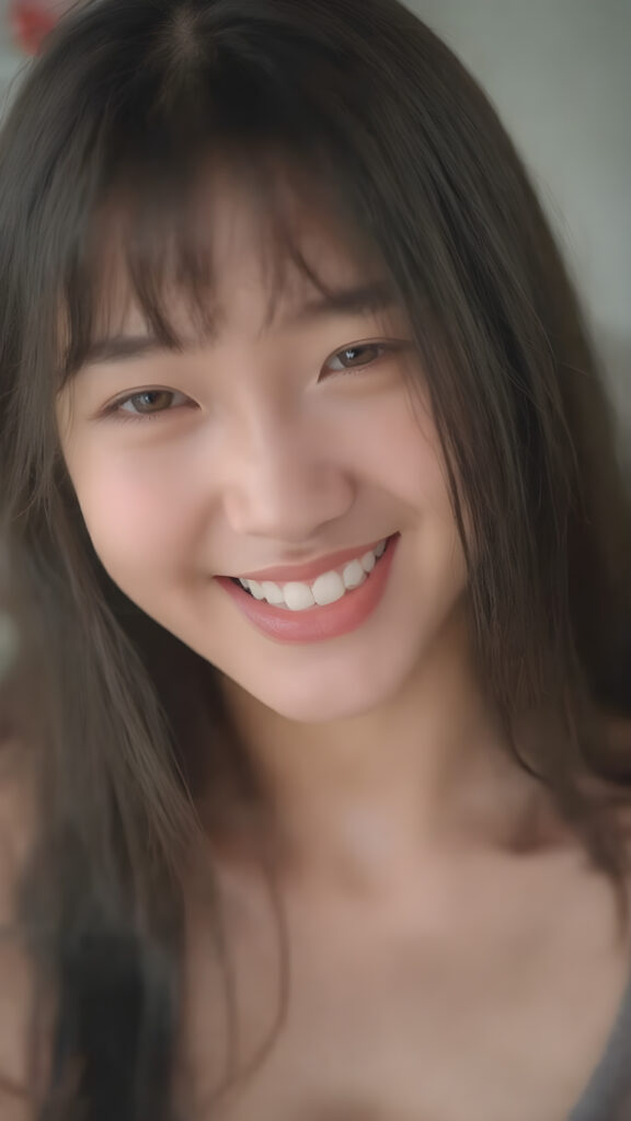 a (((gorgeously straight, sleek and shiny, white teeth shining brightly)), in a (((brightly detailed and high quality light and shadow photography))), featuring a (((beautiful young Korean girl))) with (((straight jet soft very long black hair, bangs cut))), her (((skin is beautifully toned and complements her look))), with (((soft, diffused lighting))) that brings out her (((best features))), including (((perfect white balance))) and (((dynamic depth of field))), as if captured by a (((professional studio photography team))), (((dressed in a sleek fine cropped tank top, perfect curved body, deep v-neck)))