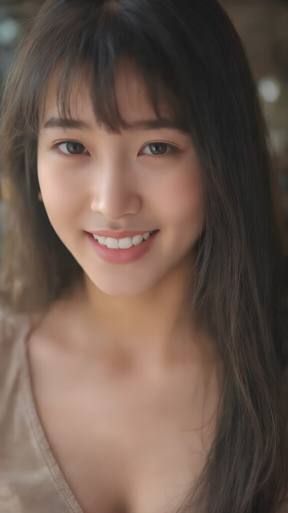 a (((gorgeously straight, sleek and shiny, white teeth shining brightly)), in a (((brightly detailed and high quality light and shadow photography))), featuring a (((beautiful young Korean girl))) with (((straight jet soft very long black hair, bangs cut))), her (((skin is beautifully toned and complements her look))), with (((soft, diffused lighting))) that brings out her (((best features))), including (((perfect white balance))) and (((dynamic depth of field))), as if captured by a (((professional studio photography team))), (((dressed in a sleek fine cropped tank top, perfect curved body, deep v-neck)))