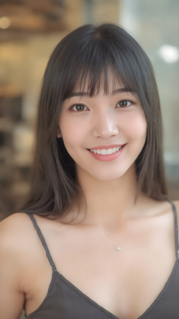 a (((gorgeously straight, sleek and shiny, white teeth shining brightly)), in a (((brightly detailed and high quality light and shadow photography))), featuring a (((beautiful young Korean girl))) with (((straight jet soft very long black hair, bangs cut))), her (((skin is beautifully toned and complements her look))), with (((soft, diffused lighting))) that brings out her (((best features))), including (((perfect white balance))) and (((dynamic depth of field))), as if captured by a (((professional studio photography team))), (((dressed in a sleek fine cropped tank top, perfect curved body, deep v-neck)))