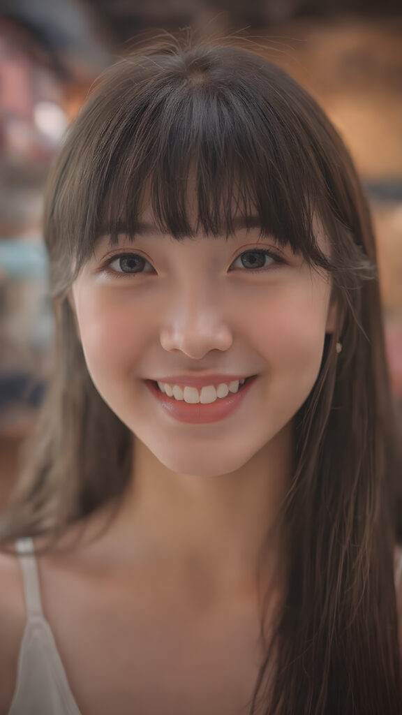 a (((gorgeously straight, sleek and shiny, white teeth shining brightly)), in a (((brightly detailed and high quality light and shadow photography))), featuring a (((beautiful young Korean girl))) with (((straight jet soft very long black hair, bangs cut))), her (((skin is beautifully toned and complements her look))), with (((soft, diffused lighting))) that brings out her (((best features))), including (((perfect white balance))) and (((dynamic depth of field))), as if captured by a (((professional studio photography team))), (((dressed in a sleek fine cropped tank top, perfect curved body, deep v-neck)))