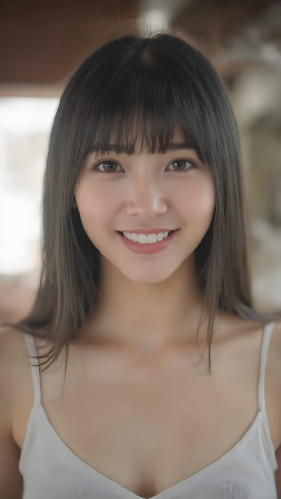 a (((gorgeously straight, sleek and shiny, white teeth shining brightly)), in a (((brightly detailed and high quality light and shadow photography))), featuring a (((beautiful young Korean girl))) with (((straight jet soft very long black hair, bangs cut))), her (((skin is beautifully toned and complements her look))), with (((soft, diffused lighting))) that brings out her (((best features))), including (((perfect white balance))) and (((dynamic depth of field))), as if captured by a (((professional studio photography team))), (((dressed in a sleek fine cropped tank top, perfect curved body, deep v-neck)))