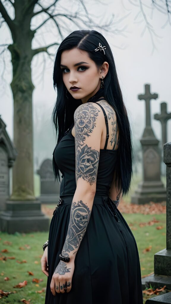 a (((gothic, heavily tattooed teenage girl))), with long, straight soft black hair and a melancholic expression, posing confidently against a (backdrop of gravestones and foggy surroundings)