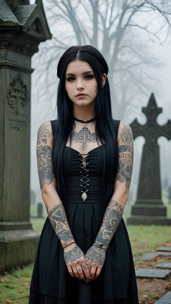 a (((gothic, heavily tattooed teenage girl))), with long, straight soft black hair and a melancholic expression, posing confidently against a (backdrop of gravestones and foggy surroundings)