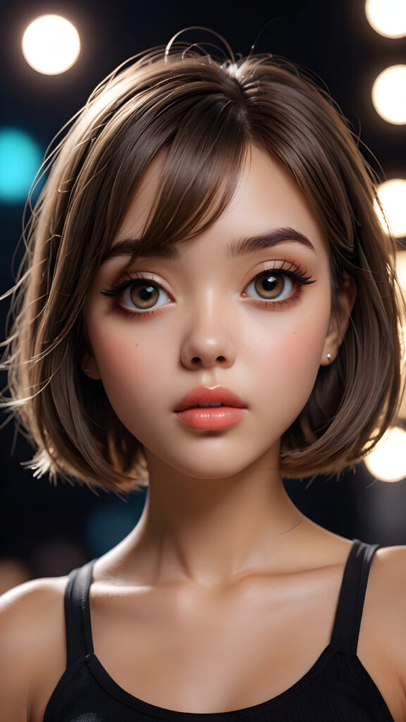 a graphic novel character design, featuring a (((beautiful girl))) with a (((bob cut hair style))), with (((big eyes))), (((perfect hands))), and (((perfect fingers))), with (((big, prominent lips))), and (((glowing, hyper-realistic lips))), accompanied by (((volumetric lighting))) that bring out the (masterpiece) details, all against a (plain, dark backdrop) that focuses on the (face) and its intricate, (hyper-realistic) features, captures the essence of (digital art), ((black dressed in an short tank top))