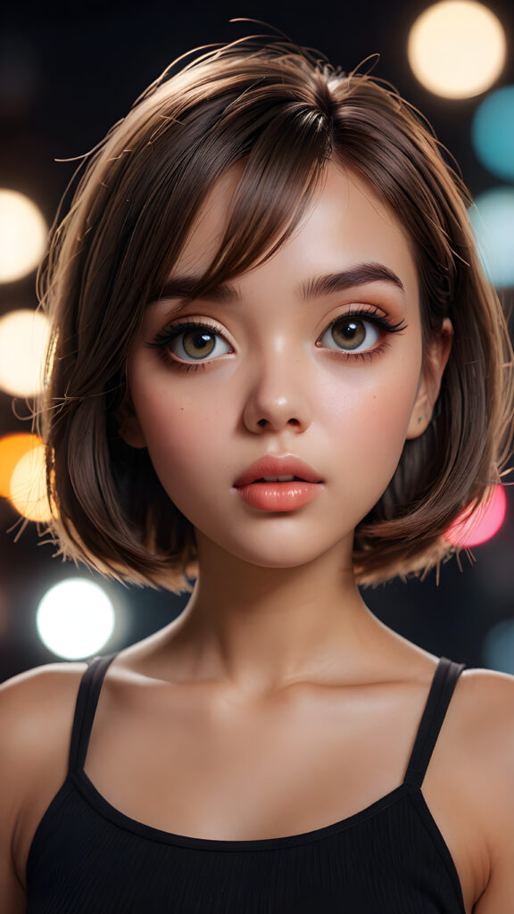 a graphic novel character design, featuring a (((beautiful girl))) with a (((bob cut hair style))), with (((big eyes))), (((perfect hands))), and (((perfect fingers))), with (((big, prominent lips))), and (((glowing, hyper-realistic lips))), accompanied by (((volumetric lighting))) that bring out the (masterpiece) details, all against a (plain, dark backdrop) that focuses on the (face) and its intricate, (hyper-realistic) features, captures the essence of (digital art), ((black dressed in an short tank top))