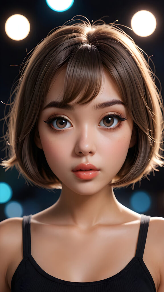 a graphic novel character design, featuring a (((beautiful girl))) with a (((bob cut hair style))), with (((big eyes))), (((perfect hands))), and (((perfect fingers))), with (((big, prominent lips))), and (((glowing, hyper-realistic lips))), accompanied by (((volumetric lighting))) that bring out the (masterpiece) details, all against a (plain, dark backdrop) that focuses on the (face) and its intricate, (hyper-realistic) features, captures the essence of (digital art), ((black dressed in an short tank top))