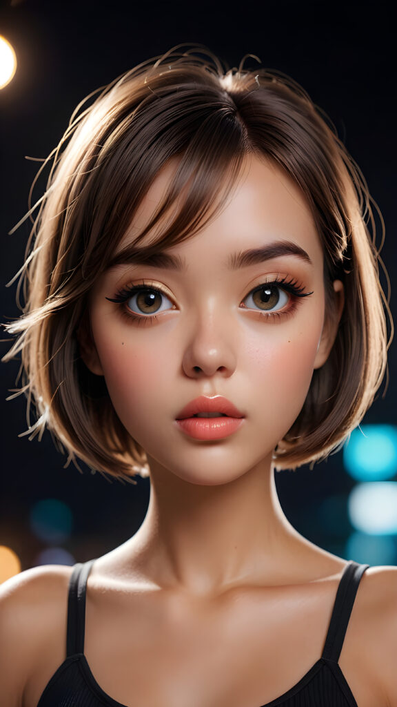 a graphic novel character design, featuring a (((beautiful girl))) with a (((bob cut hair style))), with (((big eyes))), (((perfect hands))), and (((perfect fingers))), with (((big, prominent lips))), and (((glowing, hyper-realistic lips))), accompanied by (((volumetric lighting))) that bring out the (masterpiece) details, all against a (plain, dark backdrop) that focuses on the (face) and its intricate, (hyper-realistic) features, captures the essence of (digital art), ((black dressed in an short tank top))