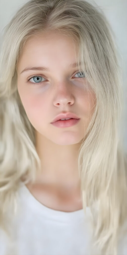 a hand drawing, (((gorgeous young platinum blond girl))), with (extremely long, soft wavy hair) that flows down in a (natural, silky cascade), and (pale skin) that gives off an ethereal glow, accompanied by (full, defined lips) painted in a (soft, natural hue) that complement the girl's features. She wears a (short, white t-shirt) that covers her front, paired with (realistic, flesh-toned legs) that match the girl's height, showcasing a (natural, healthy glow) for a truly (professional, high-quality photograph) that captures the essence of a (beautiful, young adult model)