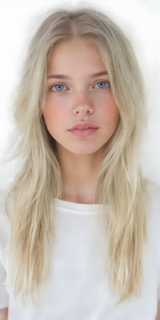 a hand drawing, (((gorgeous young platinum blond girl))), with (extremely long, soft wavy hair) that flows down in a (natural, silky cascade), and (pale skin) that gives off an ethereal glow, accompanied by (full, defined lips) painted in a (soft, natural hue) that complement the girl's features. She wears a (short, white t-shirt) that covers her front, paired with (realistic, flesh-toned legs) that match the girl's height, showcasing a (natural, healthy glow) for a truly (professional, high-quality photograph) that captures the essence of a (beautiful, young adult model)