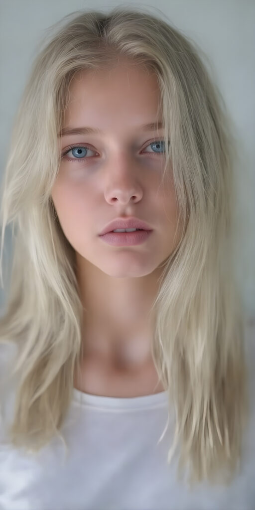 a hand drawing, (((gorgeous young platinum blond girl))), with (extremely long, soft wavy hair) that flows down in a (natural, silky cascade), and (pale skin) that gives off an ethereal glow, accompanied by (full, defined lips) painted in a (soft, natural hue) that complement the girl's features. She wears a (short, white t-shirt) that covers her front, paired with (realistic, flesh-toned legs) that match the girl's height, showcasing a (natural, healthy glow) for a truly (professional, high-quality photograph) that captures the essence of a (beautiful, young adult model)