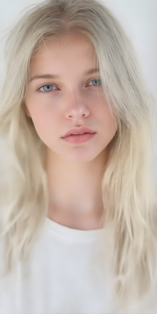 a hand drawing, (((gorgeous young platinum blond girl))), with (extremely long, soft wavy hair) that flows down in a (natural, silky cascade), and (pale skin) that gives off an ethereal glow, accompanied by (full, defined lips) painted in a (soft, natural hue) that complement the girl's features. She wears a (short, white t-shirt) that covers her front, paired with (realistic, flesh-toned legs) that match the girl's height, showcasing a (natural, healthy glow) for a truly (professional, high-quality photograph) that captures the essence of a (beautiful, young adult model)