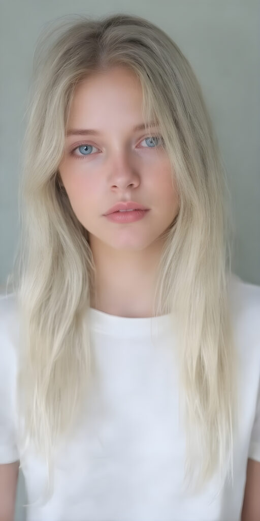 a hand drawing, (((gorgeous young platinum blond girl))), with (extremely long, soft wavy hair) that flows down in a (natural, silky cascade), and (pale skin) that gives off an ethereal glow, accompanied by (full, defined lips) painted in a (soft, natural hue) that complement the girl's features. She wears a (short, white t-shirt) that covers her front, paired with (realistic, flesh-toned legs) that match the girl's height, showcasing a (natural, healthy glow) for a truly (professional, high-quality photograph) that captures the essence of a (beautiful, young adult model)