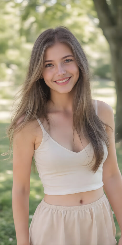 a (((happy and smiling petite busty teen girl))), with long, flowing brown soft hair and a petite, yet athletic figure, dressed in a (((short, dress))), paired with a classic white cropped sport top with deep v-neck and short skirt, all against a sunny green backdrop in a park, you can see her cute belly button