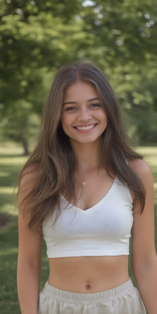 a (((happy and smiling petite busty teen girl))), with long, flowing brown soft hair and a petite, yet athletic figure, dressed in a (((short, dress))), paired with a classic white cropped sport top with deep v-neck and short skirt, all against a sunny green backdrop in a park, you can see her cute belly button