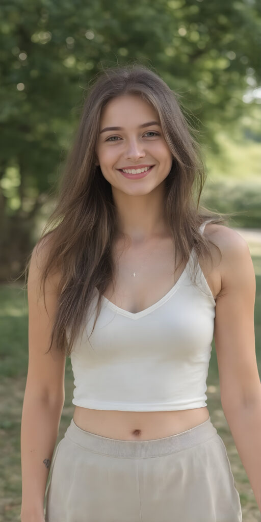 a (((happy and smiling petite busty teen girl))), with long, flowing brown soft hair and a petite, yet athletic figure, dressed in a (((short, dress))), paired with a classic white cropped sport top with deep v-neck and short skirt, all against a sunny green backdrop in a park, you can see her cute belly button