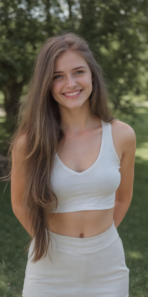 a (((happy and smiling petite busty teen girl))), with long, flowing brown soft hair and a petite, yet athletic figure, dressed in a (((short, dress))), paired with a classic white cropped sport top with deep v-neck and short skirt, all against a sunny green backdrop in a park, you can see her cute belly button