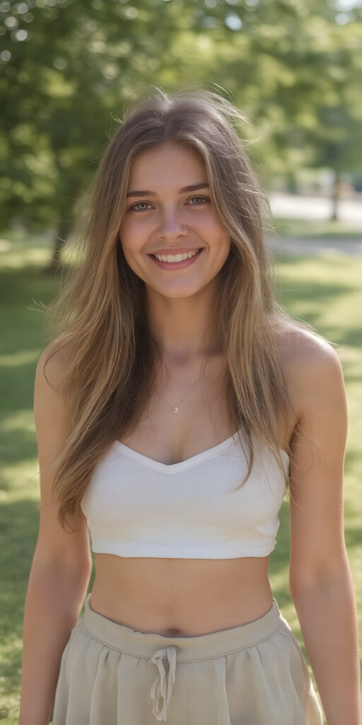 a (((happy and smiling petite busty teen girl))), with long, flowing brown soft hair and a petite, yet athletic figure, dressed in a (((short, dress))), paired with a classic white cropped sport top with deep v-neck and short skirt, all against a sunny green backdrop in a park, you can see her cute belly button