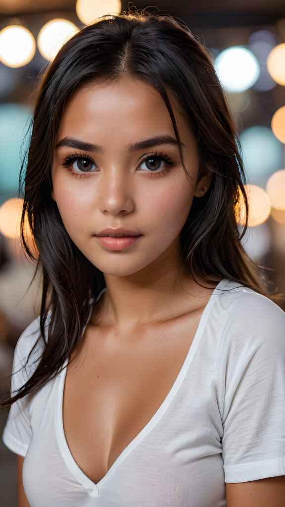 a high detailed and realistic portrait from a tanned young well busty cute Indigenous girl, realistic black long jet hair, round face, white short t-shirt with a deep v-neck, detailed dark and shiny eyes, full lips, perfect skin, makeup, perfect curvy body