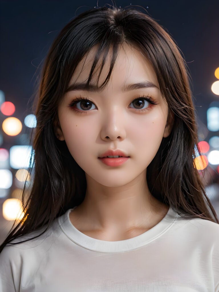 a high detailed and realistic portrait from a korean girl, realistic black long jet hair, korean style bangs, round face, white short t-shirt, detailed dark and shiny eyes, full lips, perfect skin, makeup