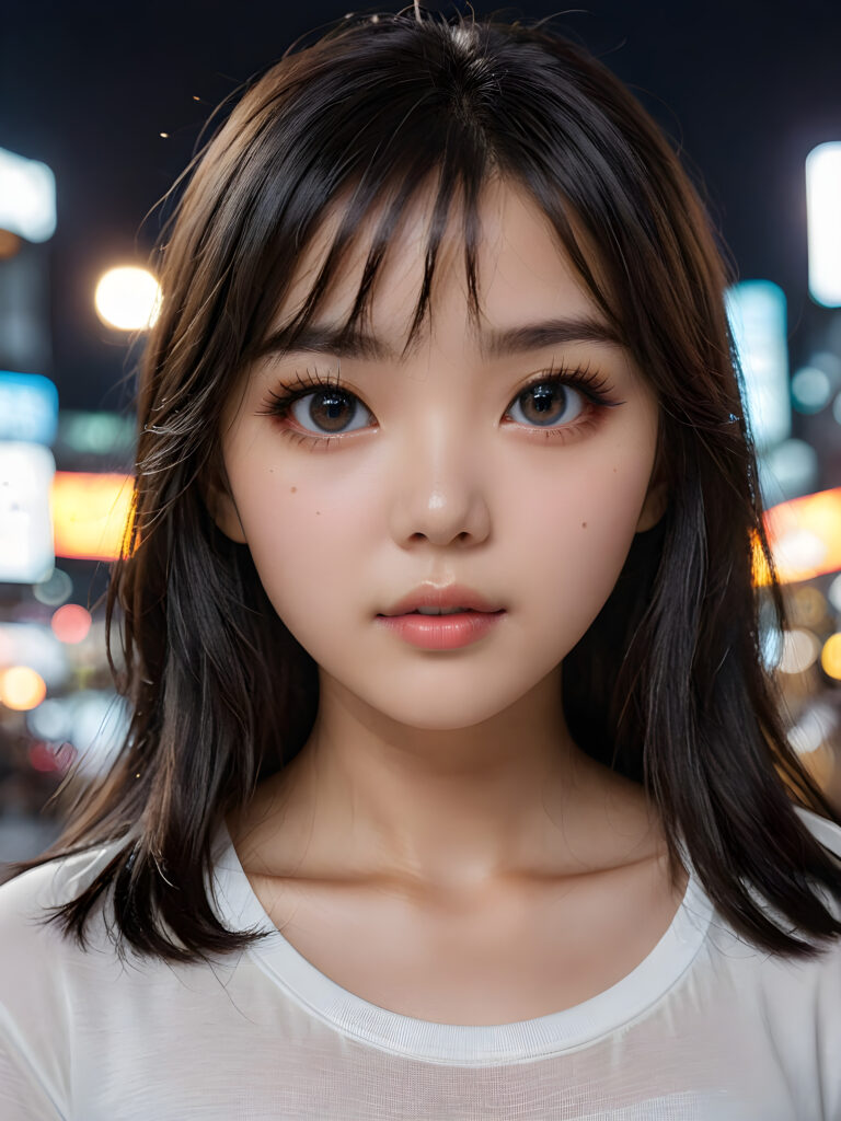 a high detailed and realistic portrait from a korean girl, realistic black long jet hair, korean style bangs, round face, white short t-shirt, detailed dark and shiny eyes, full lips, perfect skin, makeup