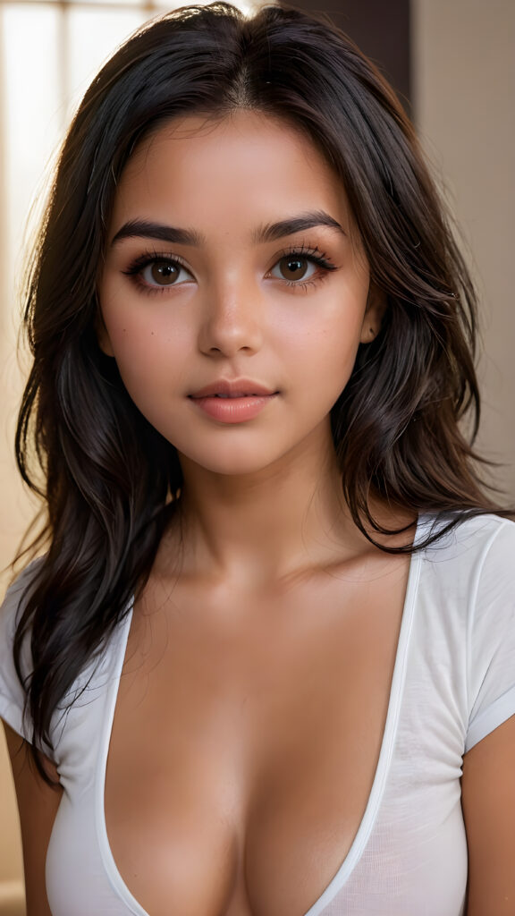 a high detailed and realistic portrait from a tanned young well busty Latino girl, realistic black long jet hair, round face, white short t-shirt with a deep v-neck, detailed dark and shiny eyes, full lips, perfect skin, makeup, perfect curvy body