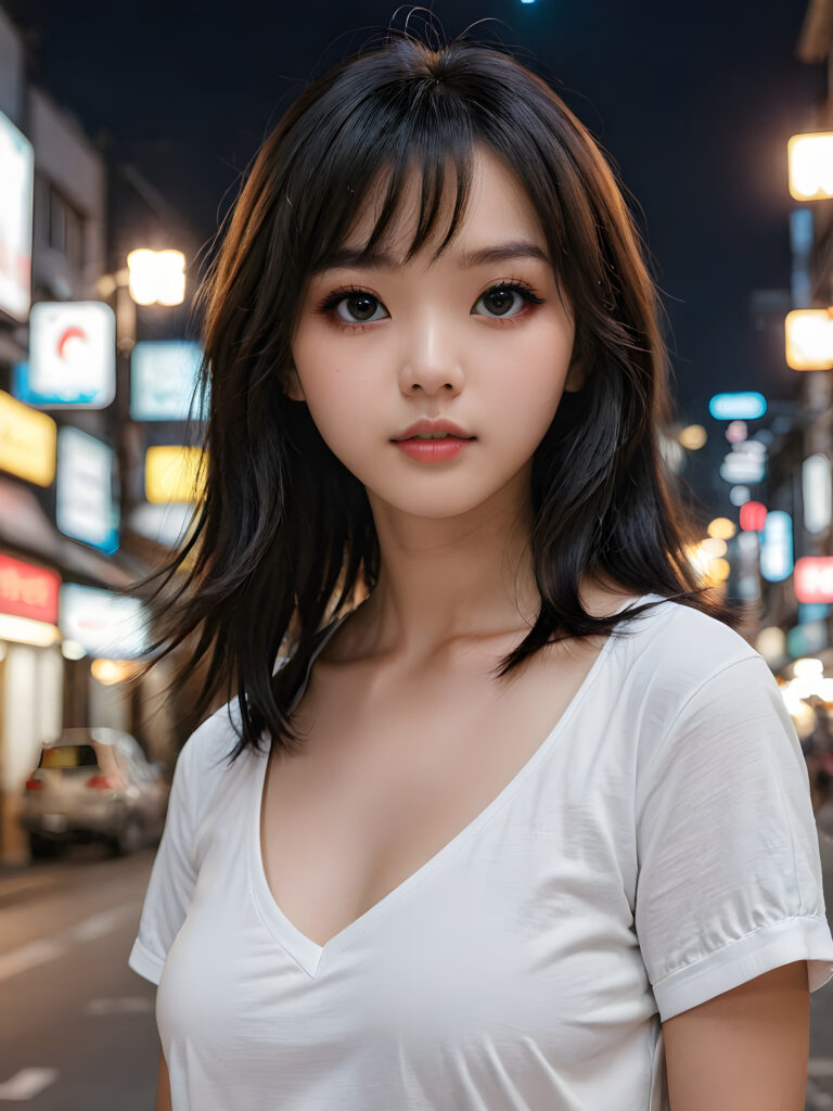 a high detailed and realistic portrait from a korean girl, realistic black long jet hair, korean style bangs, round face, white short t-shirt, detailed dark and shiny eyes, full lips, perfect skin, makeup