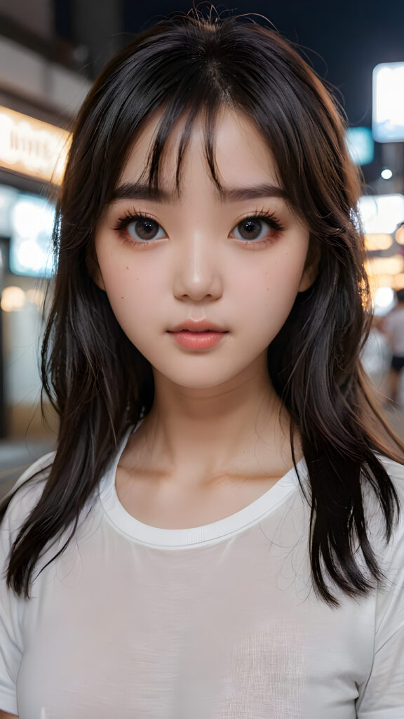 a high detailed and realistic portrait from a korean girl, realistic black long jet hair, korean style bangs, round face, white short t-shirt, detailed dark and shiny eyes, full lips, perfect skin, makeup