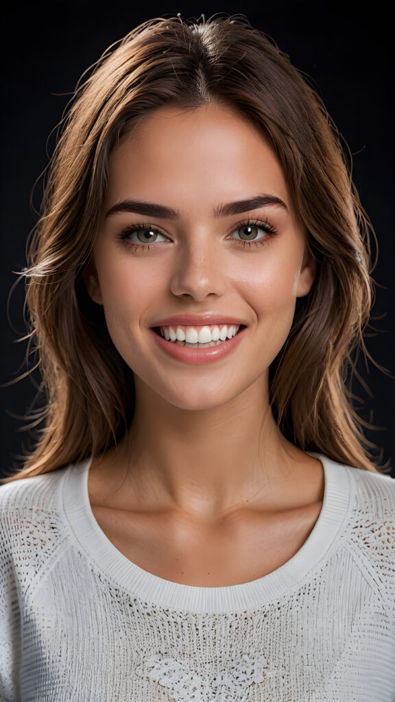 a high quality (((detailed full body photograph))), featuring a (((super realistic face))) with intricate details and perfect proportions, complemented by (((straight white teeth and a slightly open mouth))), (((beautifully detailed, symmetrical eyes))), that give the impression of being 'perfectly matched and coordinated', as if taken on a (professional studio setting). The expression is calm and natural. She wears a plain white sweatshirt, emphasizing her perfect shape and making it seem almost surreal. The focus is on her full body, with a hint of her lips and a small amount of chest showing under the shirt's edge. The background is a dark wall, with lights on her face and a small amount of light reflecting off the shirt's texture. The overall look is both playful and sophisticated, with an emphasis on her face and its perfect details.