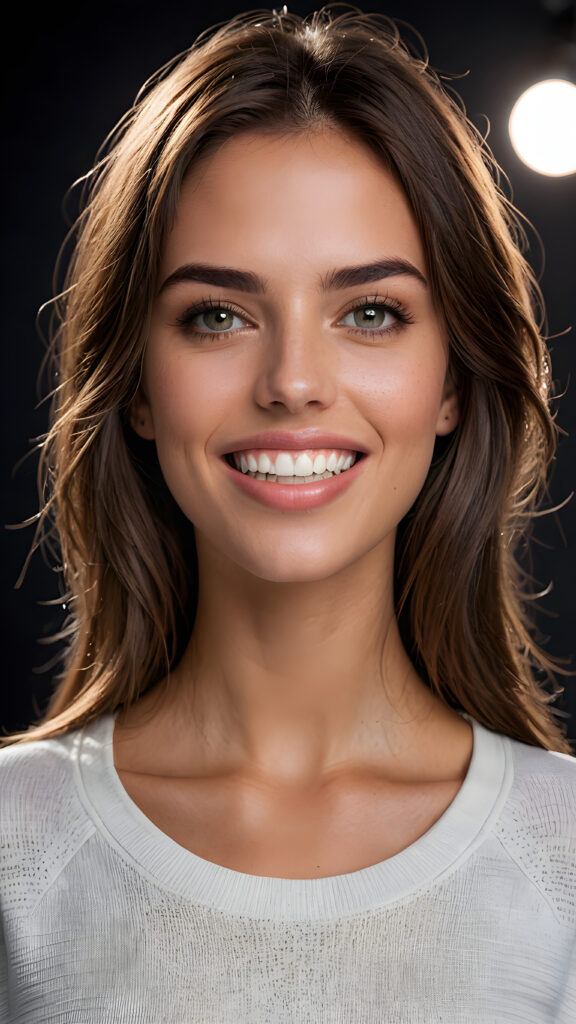 a high quality (((detailed full body photograph))), featuring a (((super realistic face))) with intricate details and perfect proportions, complemented by (((straight white teeth and a slightly open mouth))), (((beautifully detailed, symmetrical eyes))), that give the impression of being 'perfectly matched and coordinated', as if taken on a (professional studio setting). The expression is calm and natural. She wears a plain white sweatshirt, emphasizing her perfect shape and making it seem almost surreal. The focus is on her full body, with a hint of her lips and a small amount of chest showing under the shirt's edge. The background is a dark wall, with lights on her face and a small amount of light reflecting off the shirt's texture. The overall look is both playful and sophisticated, with an emphasis on her face and its perfect details.