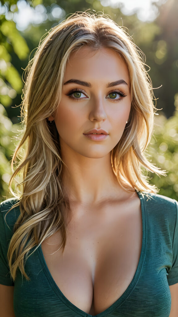 a ((high resolution)) photo, capturing a (((3/4 shot))) of a (((young busty girl))), long straight summer blonde hair, with ((intricate details around her eyes)), dressed in ((sexy thin t-shirt, deep v-neck, open front)), in a (subtly detailed, yet vividly realistic colors). Her ((skin glows)) against the ((sunny green)) backdrop, suggesting a whimsically romantic atmosphere