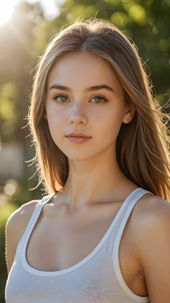 a ((high resolution)) photo, capturing a (((young stunning gorgeous young teen girl))), long straight soft hair, with ((realistic beautiful eyes)), dressed in ((sexy thin tank top)), she has flawless soft skin, against the ((sunny)) backdrop, suggesting a whimsically romantic atmosphere