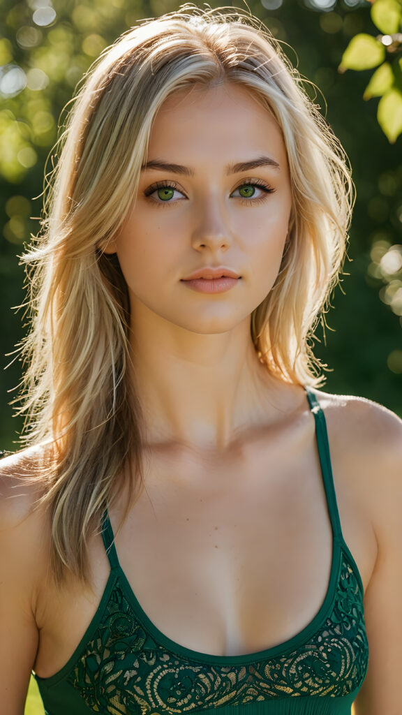 a ((high resolution)) photo, capturing a (((3/4 shot))) of a (((young stunning gorgeous girl))), long straight summer blonde hair, with ((intricate details around her eyes)), dressed in ((sexy thin tank top)). Her ((skin glows)) against the ((sunny green)) backdrop, suggesting a whimsically romantic atmosphere