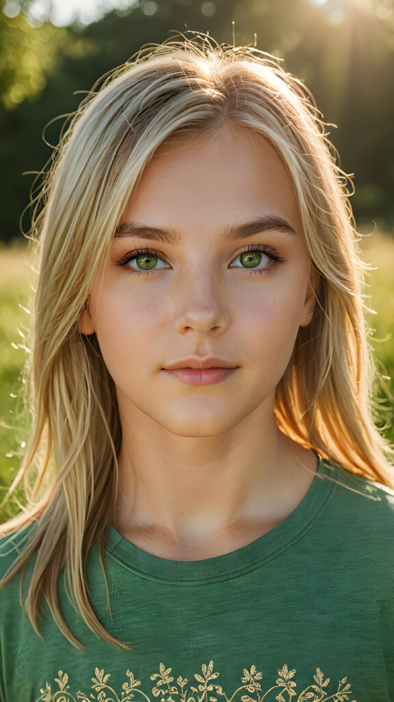 a ((high resolution)) photo, capturing a (((3/4 shot))) of a (((young girl’s face))), long straight summer blonde hair, with ((intricate details around her eyes)), dressed in ((sexy thin t-shirt)), in a (subtly detailed, yet vividly realistic colors). Her ((skin glows)) against the ((sunny green)) backdrop, suggesting a whimsically romantic atmosphere