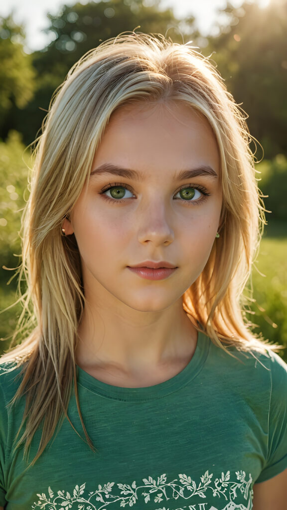 a ((high resolution)) photo, capturing a (((3/4 shot))) of a (((young girl’s face))), long straight summer blonde hair, with ((intricate details around her eyes)), dressed in ((sexy thin t-shirt)), in a (subtly detailed, yet vividly realistic colors). Her ((skin glows)) against the ((sunny green)) backdrop, suggesting a whimsically romantic atmosphere