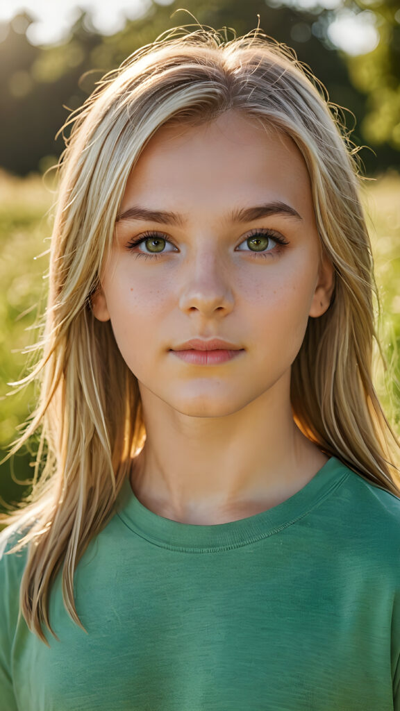 a ((high resolution)) photo, capturing a (((3/4 shot))) of a (((young girl’s face))), long straight summer blonde hair, with ((intricate details around her eyes)), dressed in ((sexy thin t-shirt)), in a (subtly detailed, yet vividly realistic colors). Her ((skin glows)) against the ((sunny green)) backdrop, suggesting a whimsically romantic atmosphere