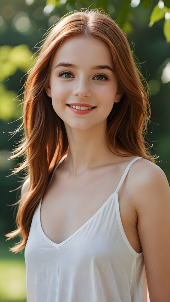 a (((highly detailed and realistic full body image))) featuring a (((stunningly gorgeous teen girl, 14 years old))), with delicate, pale skin and ((very long, red straight hair)), dressed in a ((white, flowing, tank top, deep v-neck and wide front)) that perfectly complements her flawless figure. Her face exudes a sense of serenity and elegance, with (((pale lips))), perfectly aligned and coordinated, and (((adorable eyes))). The image exudes a sense of crisp, full color and luxurious detail. ((She is smiling)) in a way that shows her best features.