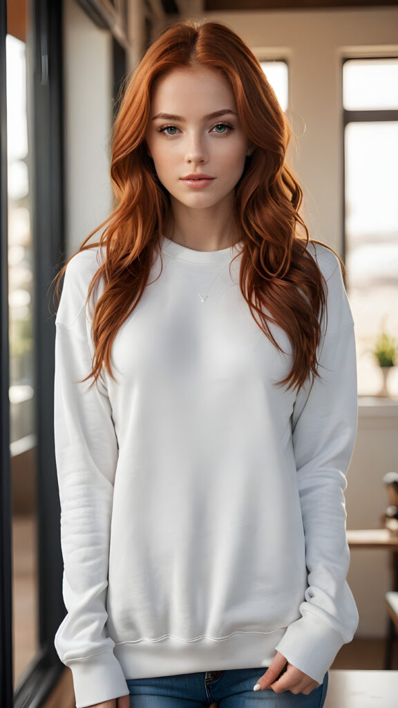 a (((highly detailed full body photograph))), capturing a (((beautiful young girl))) with long, sleek, smooth red hair that flows down past her shoulders. Her face is perfectly shaped, with full, kissable lips and a slightly open mouth. She's dressed in a (((white sweatshirt))), highlighting her perfectly proportioned figure. The scene is (extremely detailed) and (super realistic), with a (natural, soft light) that brings out her natural beauty