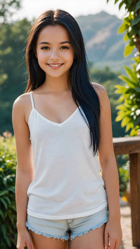 a (((highly detailed and realistic full body image))) featuring a (((stunningly gorgeous teen girl, 14 years old))), with delicate, tanned skin and ((very long, obsidian blue straight hair)), dressed in a ((white, short tank top, deep v-neck and wide front)) that perfectly complements her flawless figure. Her face exudes a sense of serenity and elegance, with (((pale lips))), perfectly aligned and coordinated, and (((adorable eyes))). The image exudes a sense of crisp, full color and luxurious detail. ((She is smiling)) in a way that shows her best features.