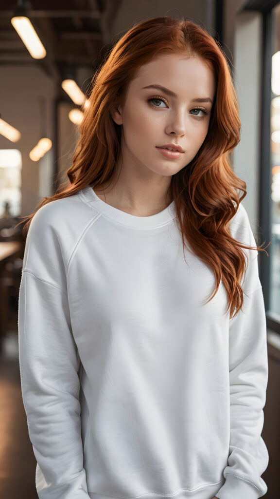 a (((highly detailed full body photograph))), capturing a (((beautiful young girl))) with long, sleek, smooth red hair that flows down past her shoulders. Her face is perfectly shaped, with full, kissable lips and a slightly open mouth. She's dressed in a (((white sweatshirt))), highlighting her perfectly proportioned figure. The scene is (extremely detailed) and (super realistic), with a (natural, soft light) that brings out her natural beauty