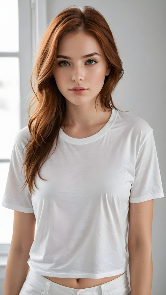 a (((highly detailed full body photograph))), capturing a (((beautiful young girl))) with long, straight, smooth auburn hair that flows down past her shoulders. Her face is perfectly shaped, with full, kissable lips and a slightly open mouth. She's dressed in a (((white cropped plain t-shirt))), highlighting her perfectly proportioned figure. The scene is (extremely detailed) and (super realistic), with a (natural, soft light) that brings out her natural beauty