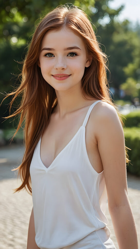 a (((highly detailed and realistic full body image))) featuring a (((stunningly gorgeous teen girl, 14 years old))), with delicate, pale skin and ((very long, red straight hair)), dressed in a ((white, flowing, tank top, deep v-neck and wide front)) that perfectly complements her flawless figure. Her face exudes a sense of serenity and elegance, with (((pale lips))), perfectly aligned and coordinated, and (((adorable eyes))). The image exudes a sense of crisp, full color and luxurious detail. ((She is smiling)) in a way that shows her best features.