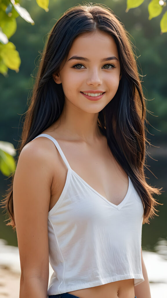 a (((highly detailed and realistic full body image))) featuring a (((stunningly gorgeous teen girl, 14 years old))), with delicate, tanned skin and ((very long, obsidian blue straight hair)), dressed in a ((white, short tank top, deep v-neck and wide front)) that perfectly complements her flawless figure. Her face exudes a sense of serenity and elegance, with (((pale lips))), perfectly aligned and coordinated, and (((adorable eyes))). The image exudes a sense of crisp, full color and luxurious detail. ((She is smiling)) in a way that shows her best features.