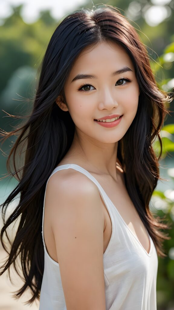 a (((highly detailed and beautifully drawn full body image))) featuring a (((stunningly gorgeous asian girl))), with delicate, pale skin and ((very long, black straight hair)), dressed in a ((white, flowing, tank top)) that perfectly complements her flawless figure. Her face exudes a sense of serenity and elegance, with (((pale lips))), perfectly aligned and coordinated, and (((adorable eyes))). The image exudes a sense of crisp, full color and luxurious detail. ((She is smiling)) in a way that shows her best features.