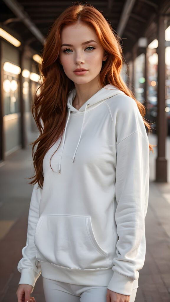 a (((highly detailed full body photograph))), capturing a (((beautiful young girl))) with long, sleek, smooth red hair that flows down past her shoulders. Her face is perfectly shaped, with full, kissable lips and a slightly open mouth. She's dressed in a (((white sweatshirt))), highlighting her perfectly proportioned figure. The scene is (extremely detailed) and (super realistic), with a (natural, soft light) that brings out her natural beauty